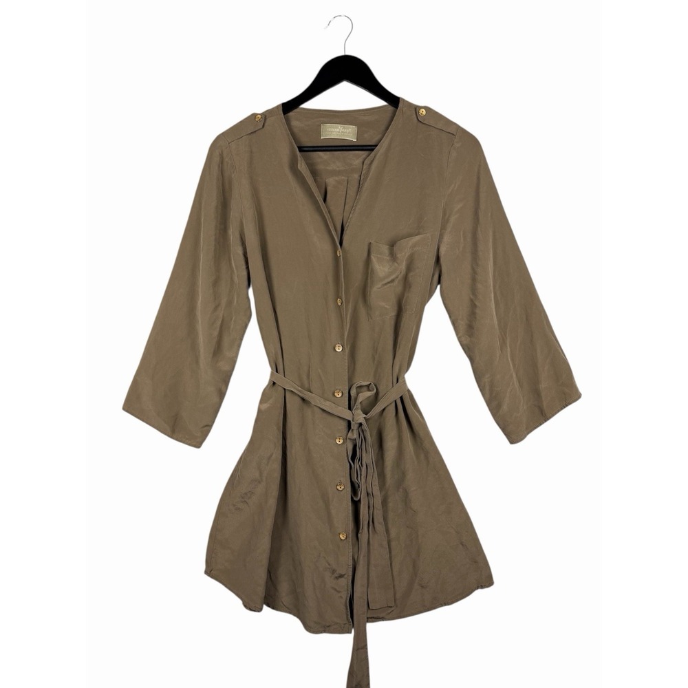 Amour‎ Vert V Neck Button Front Dress in Tan 100% Silk Women's Sz L, Made in USA